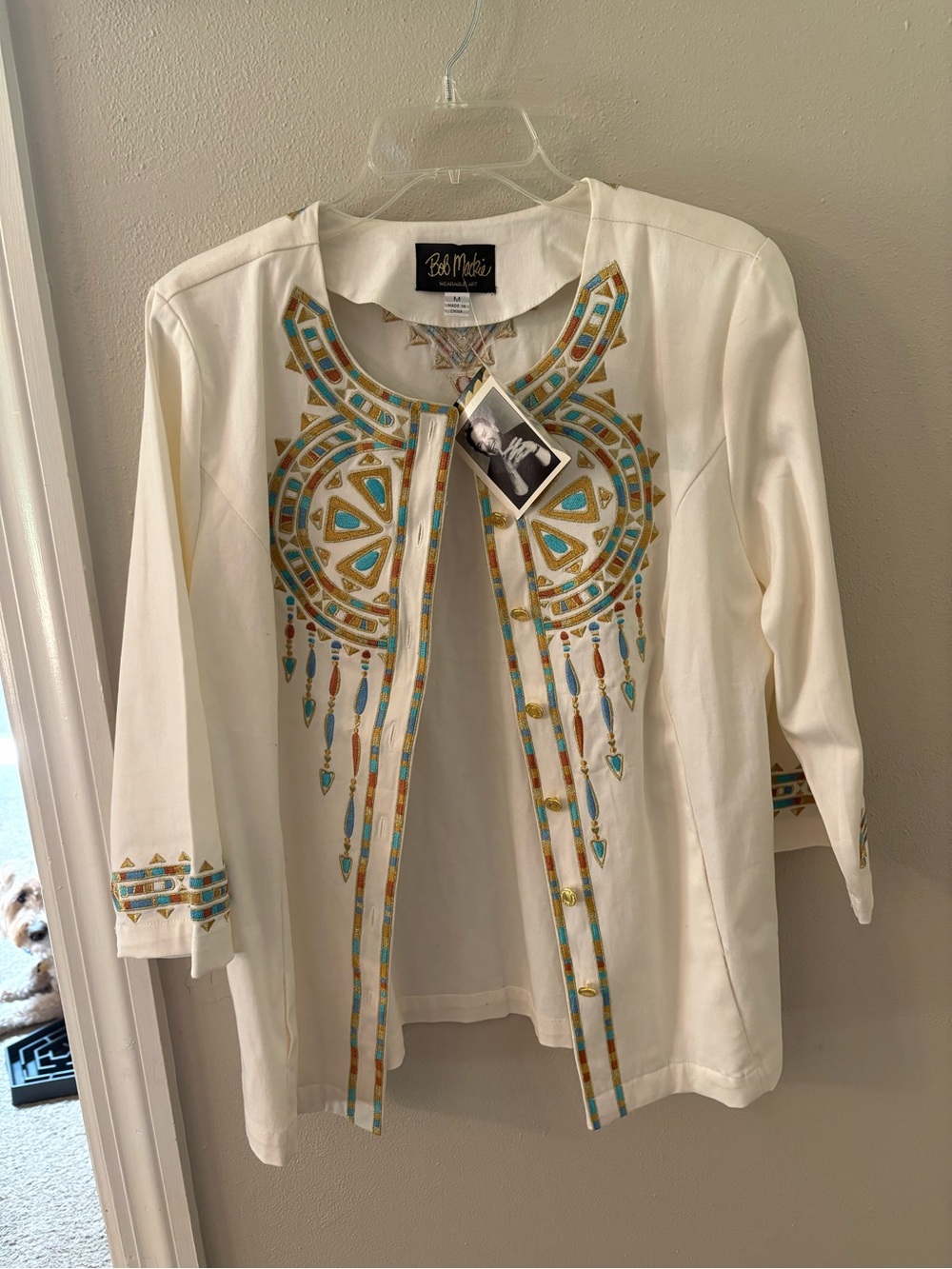 Bob Mackie Cream Open-Front Tunic Jacket with Turquoise and Gold Embroidery med